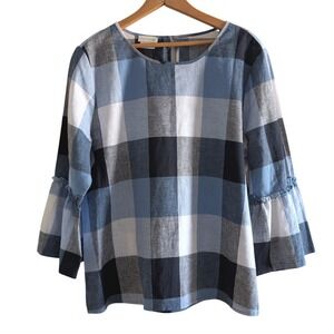 Van Heusen Womens Blue Buffalo Plaid Linen Blend Bell Sleeve Blouse Top Large